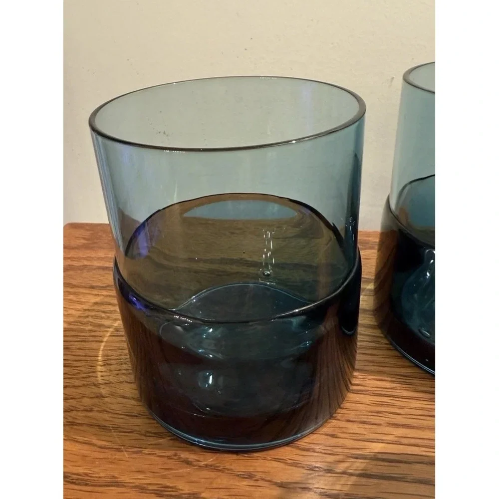 Pier One Double‎ Dipped Teal Rocks Barware Hand blown Organic Base MCM Vtg 00s
